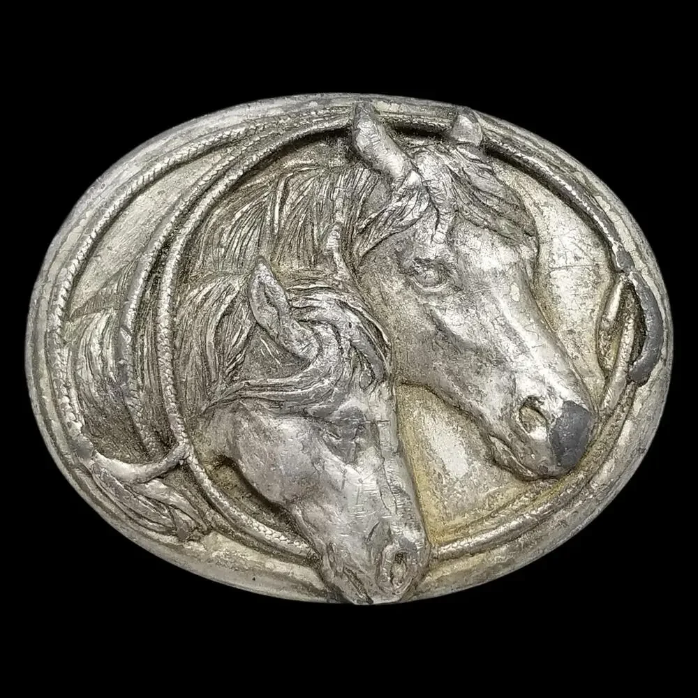 VTG Belt Buckle Brass 1983 Two Double Horses Heads Western USA Made By‎ Siskiyou